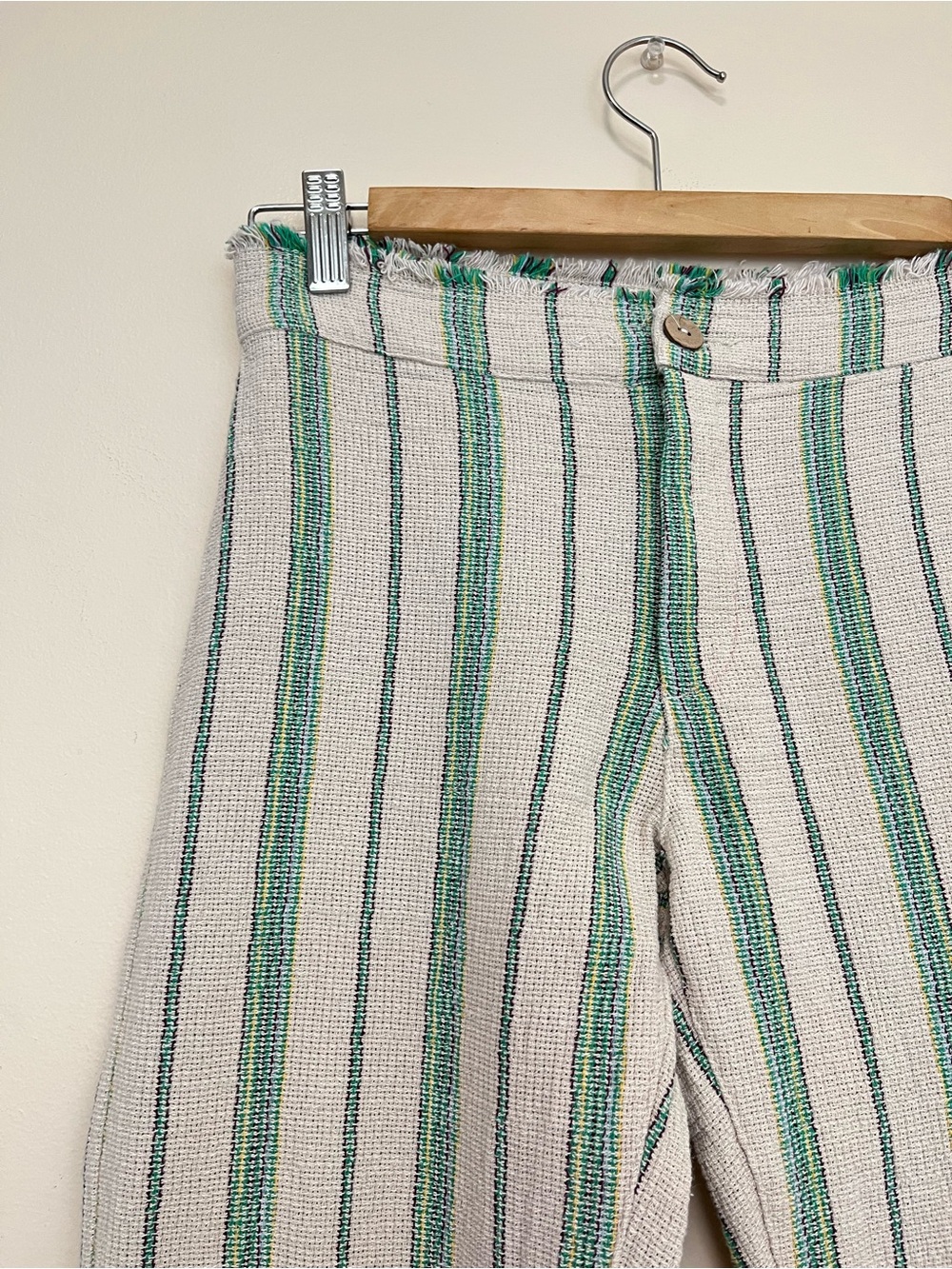 Zara Beth Pant - Cream Pants with Green Vertical Stripes - Picture 3 of 16